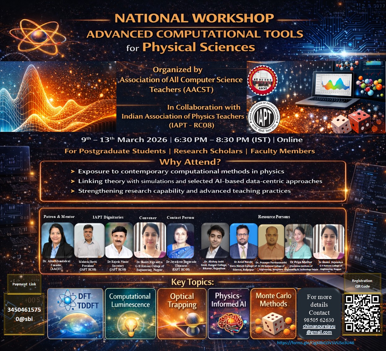 NATIONAL Workshop on Advanced Computational Tools for Physical Sciences (09 March 2026 - 13 March 2026)